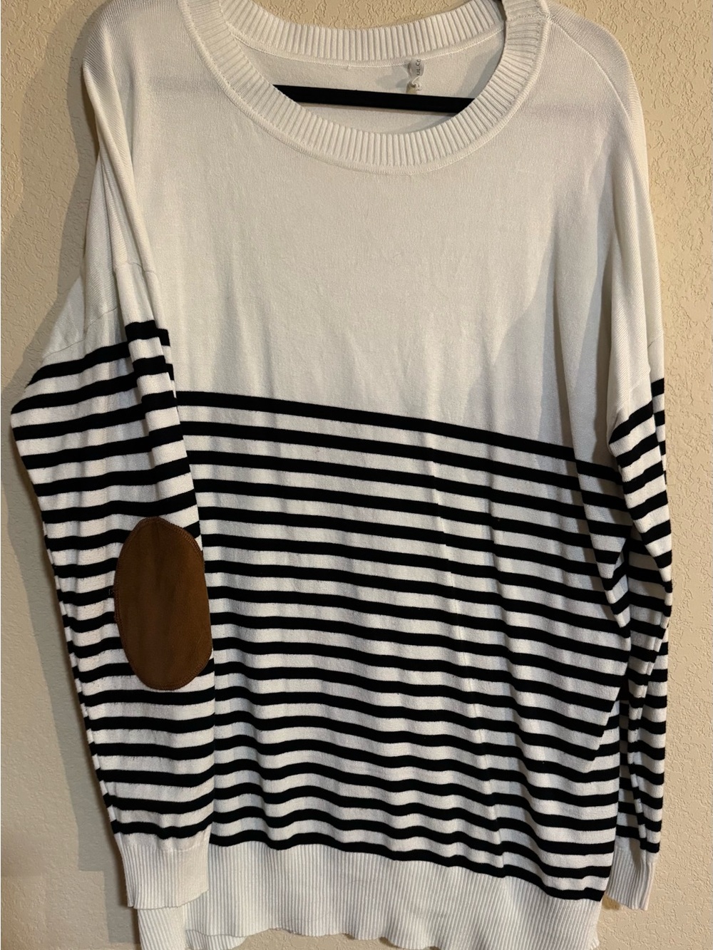 Chic Soul White and Black Striped Crewneck Sweater with Brown Elbow Patches